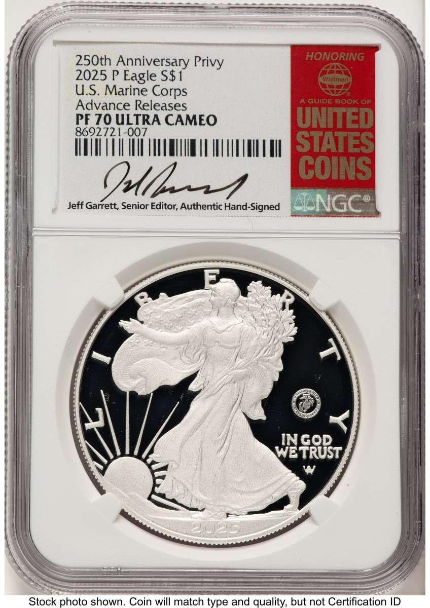 Bullionshark 2025-W $1 Proof American Silver Eagle Coin NGC PF70 UCAM - U.S. Marine Corps Privy - HAT522926080 