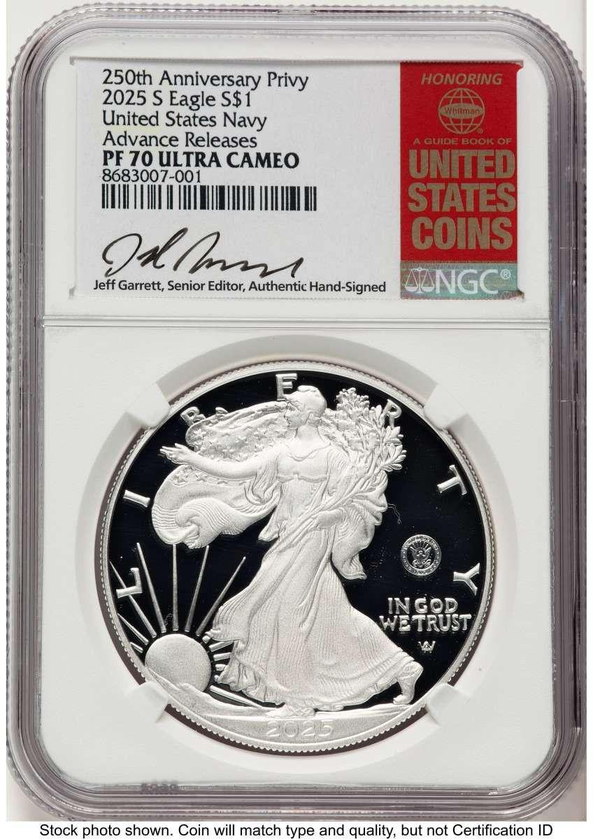 Bullionshark 2025-S $1 Proof American Silver Eagle Coin NGC PF70 UCAM - U.S. Navy Privy - Advanced Release - HAT522162136 