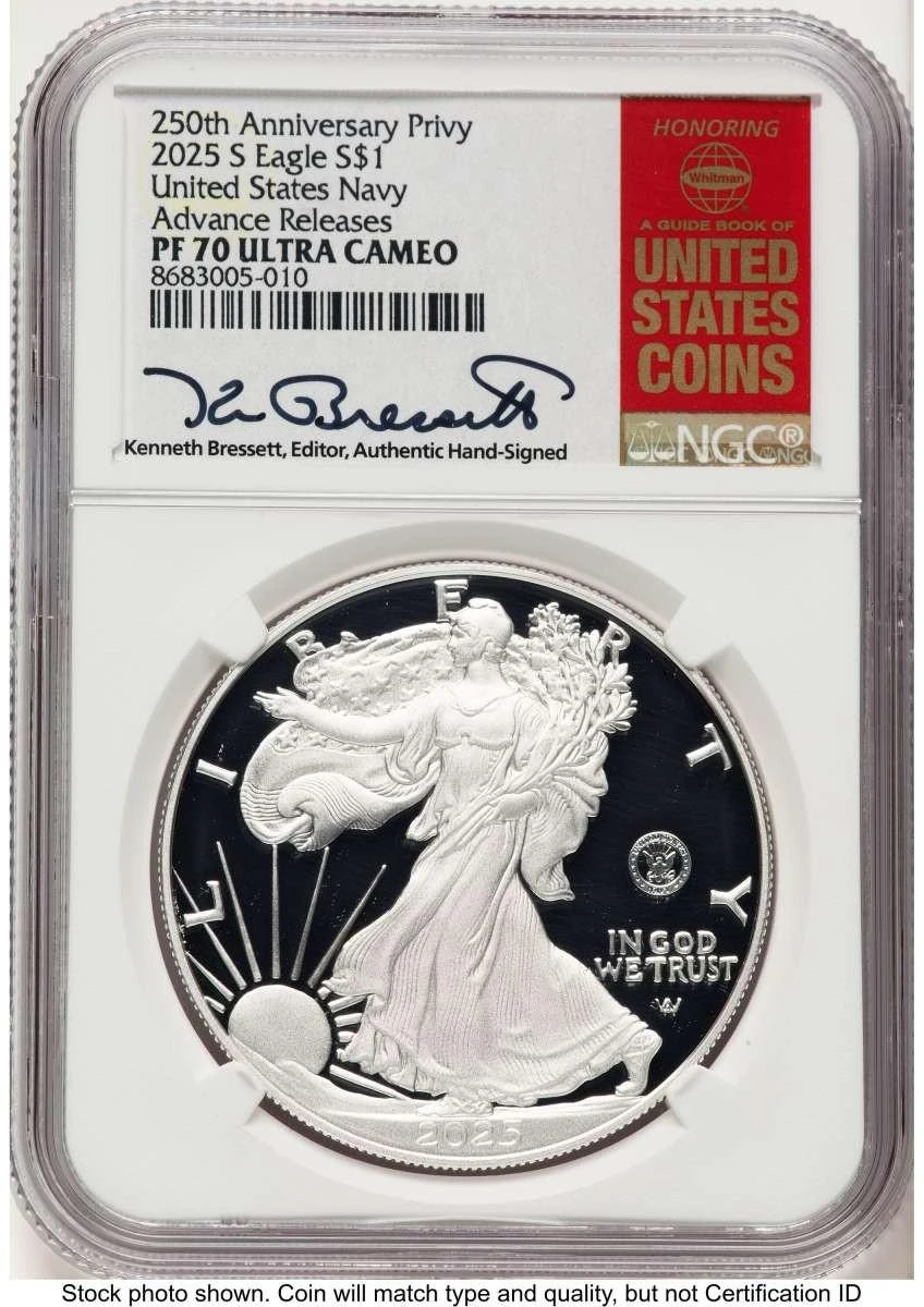 Bullionshark 2025-S $1 Proof American Silver Eagle Coin NGC PF70 UCAM - U.S. Navy Privy - Advanced Release - HAT522162134 