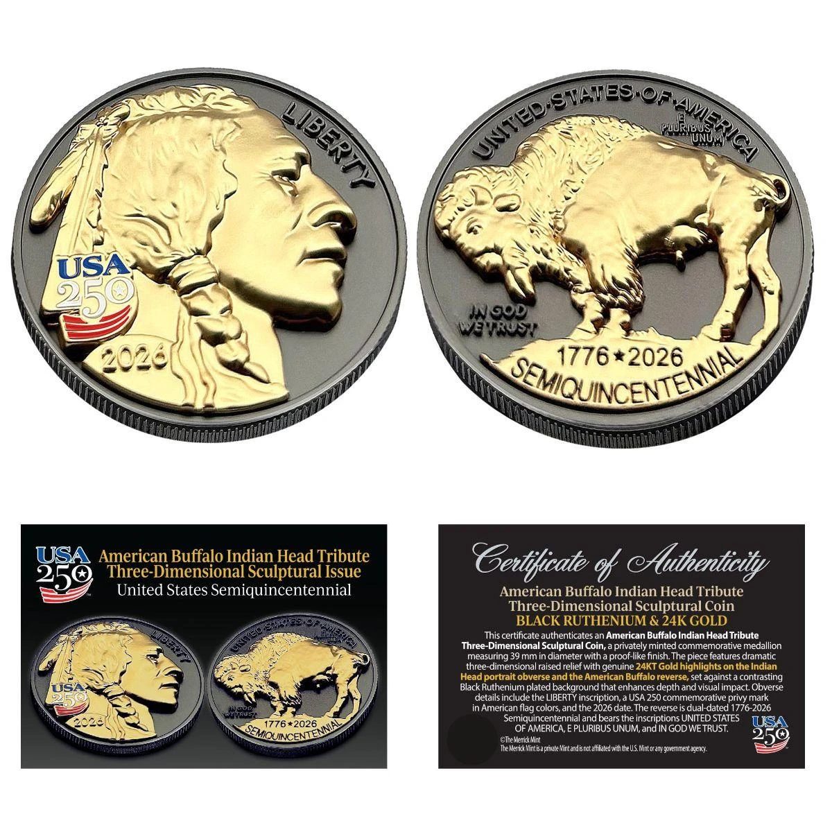  1776-2026 Buffalo Indian Head Tribute Three-Dimensional Sculptural Coin Black Ruthenium & 24K Gold highlights 