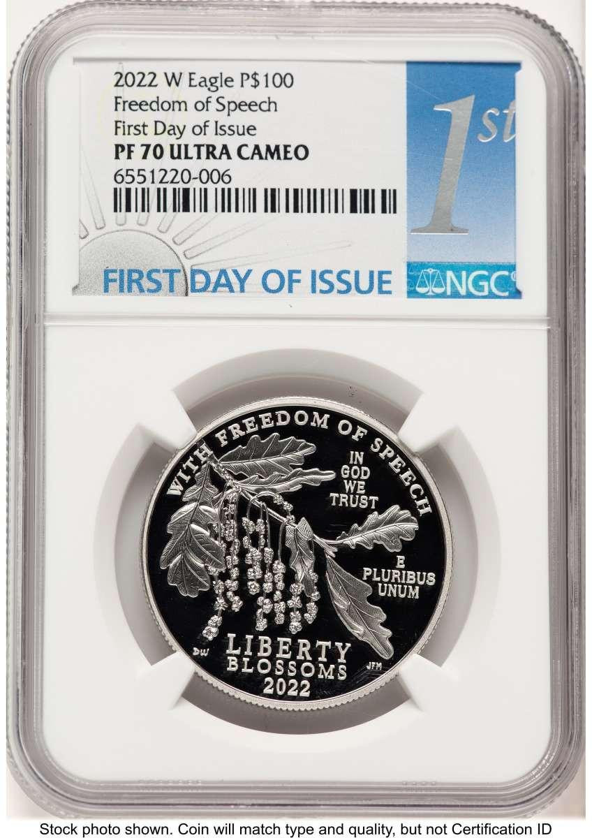 Bullionshark 2022-W $100 Proof Modern Bullion Coin NGC PF70   One- Ounce Platinum Eagle - Freedom of Speech - HAT524772002 