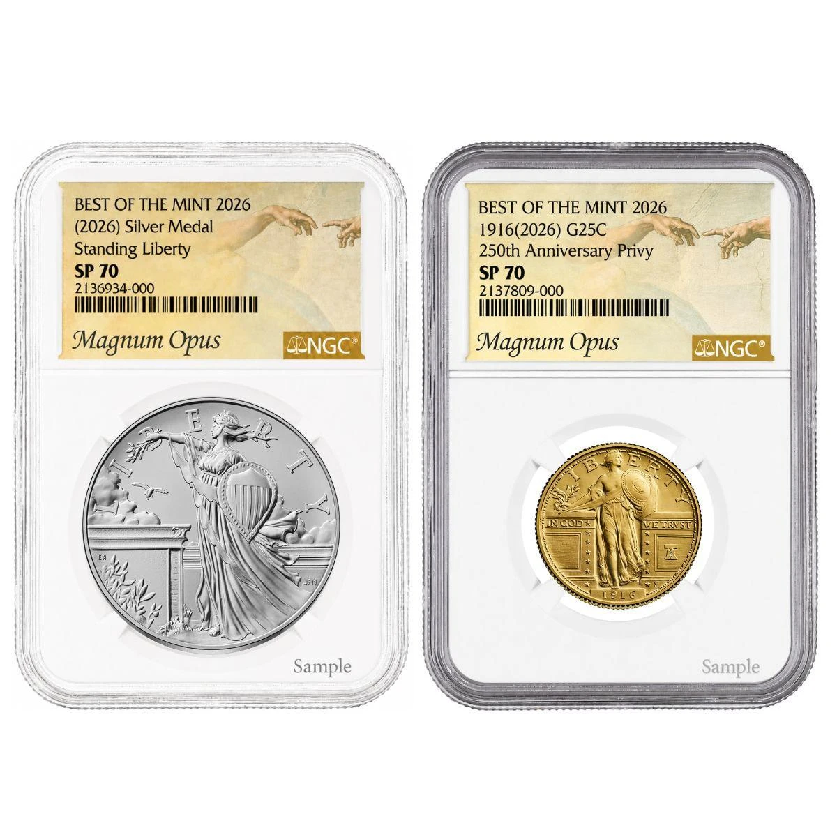  1776–2026 Semiquincentennial Standing Liberty Gold Coin & Silver Medal Set NGC SP70 Magnum Opus Label Limited Edition 