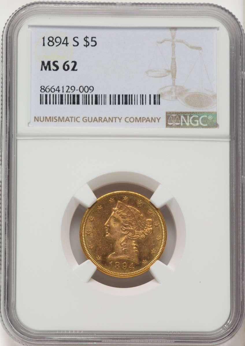 Bullionshark 1894-S $5 Liberty Gold Half Eagle Coin NGC MS62 - HAT523125037 