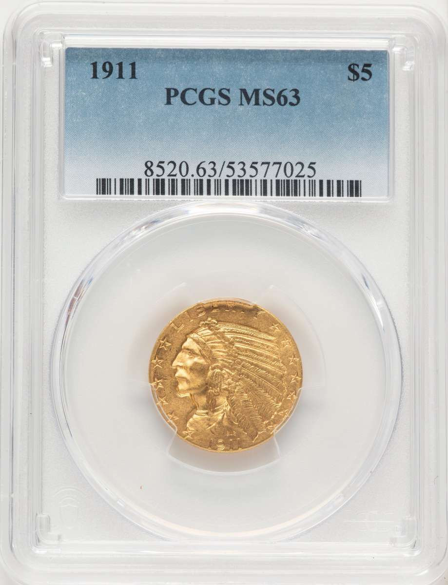 1911 $5 Indian Gold Half Eagle Coin PCGS MS63 coin front image