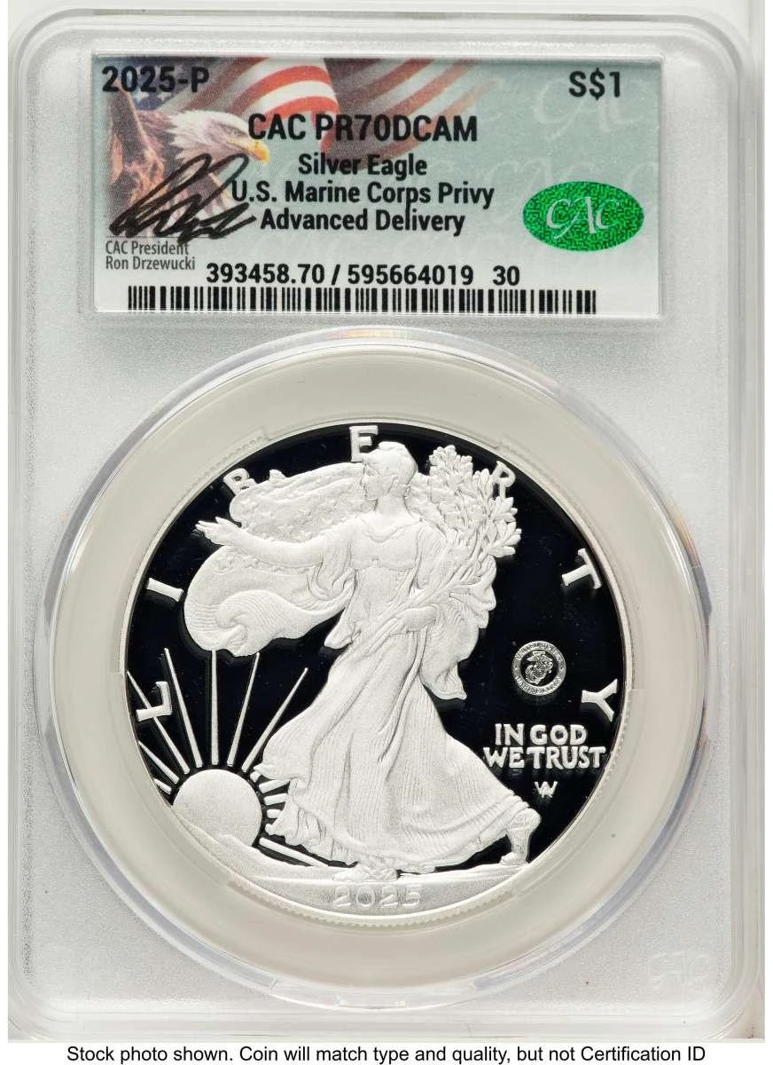 Bullionshark 2025-W $1 Proof American Silver Eagle Coin CACG PR70 DCAM - U.S. Marine Corps Privy - HAT782866031 