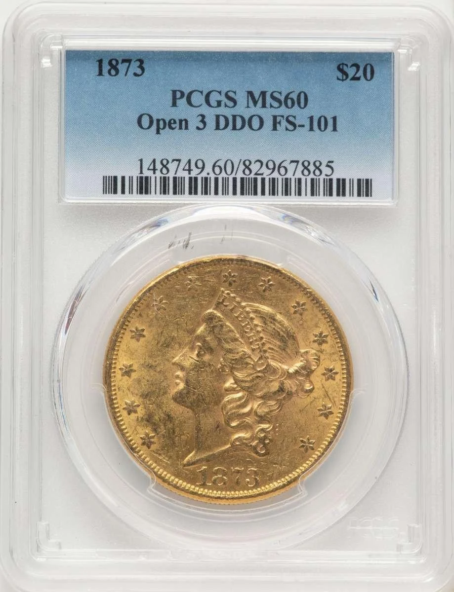 Bullionshark 1873 $20 Liberty Gold Double Eagle PCGS MS60   Open 3 - Doubled Die Obverse - FS-101 - HAT508192006 