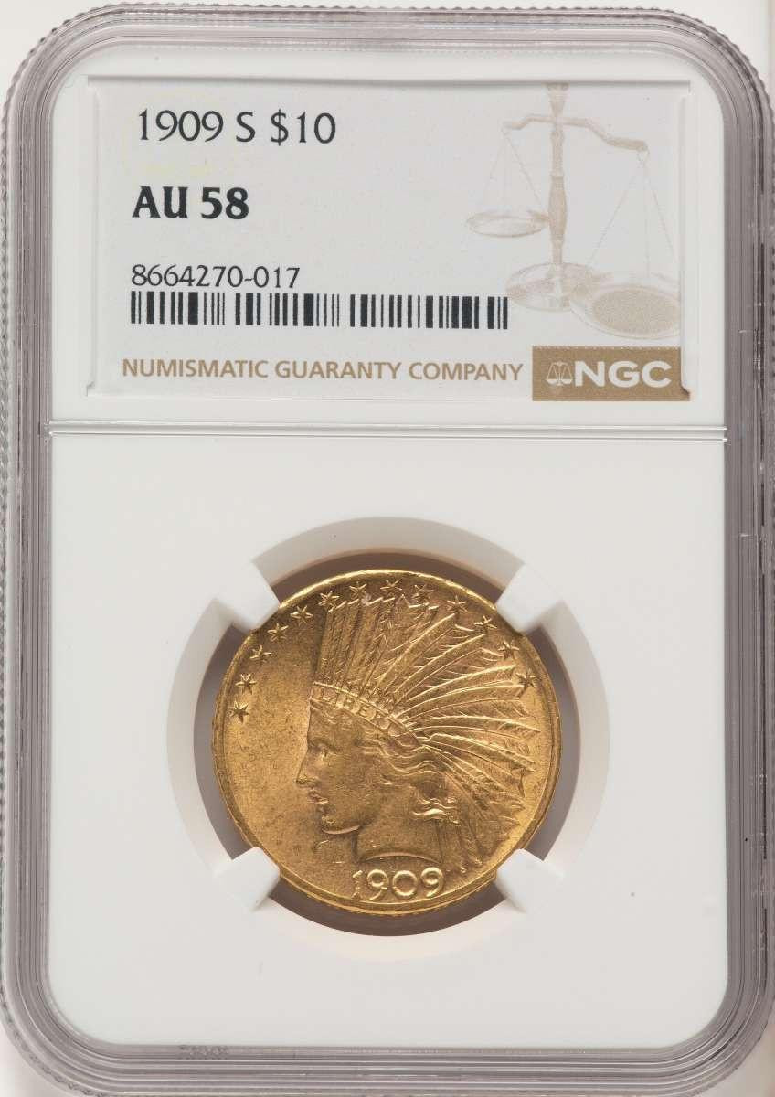 Bullionshark 1909-S $10 Indian Gold Eagle Coin NGC AU58 - HAT177513003 