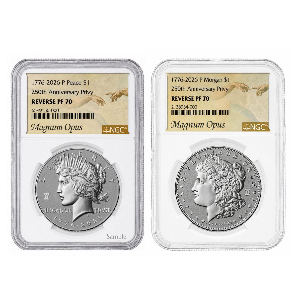  1776-2026 Morgan and Peace Dollar Reverse Proof 2-Coin Set NGC Rev PF70 Magnum Opus Label 