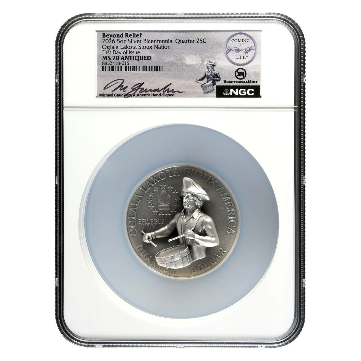  2026 5 oz Silver Bicentennial Quarter “Drummer Boy” Beyond Relief Series NGC MS70 Antiqued FDI 