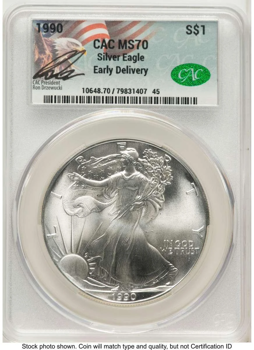 Bullionshark 1990 S$1 American Silver Eagle Coin CACG MS70 - HAT519969138 
