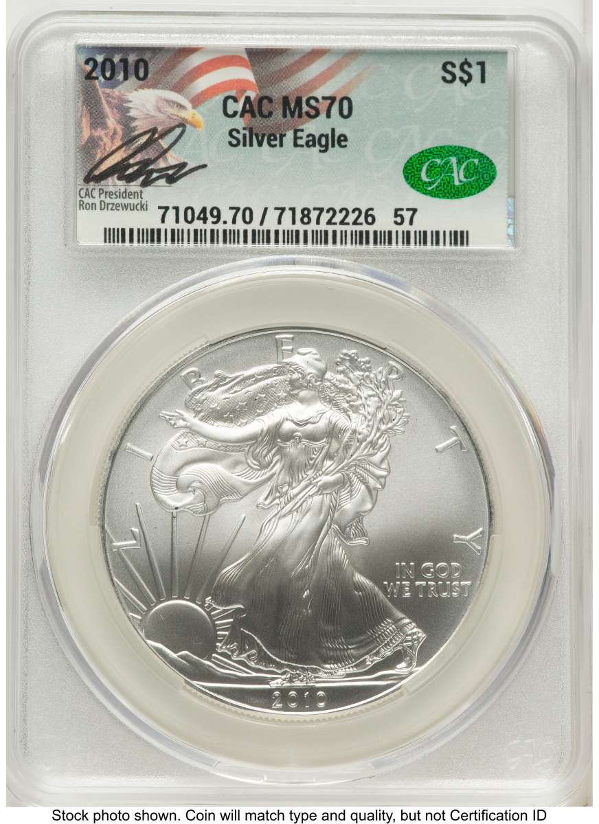 2010 S$1 American Silver Eagle Coin CACG MS70 coin front image