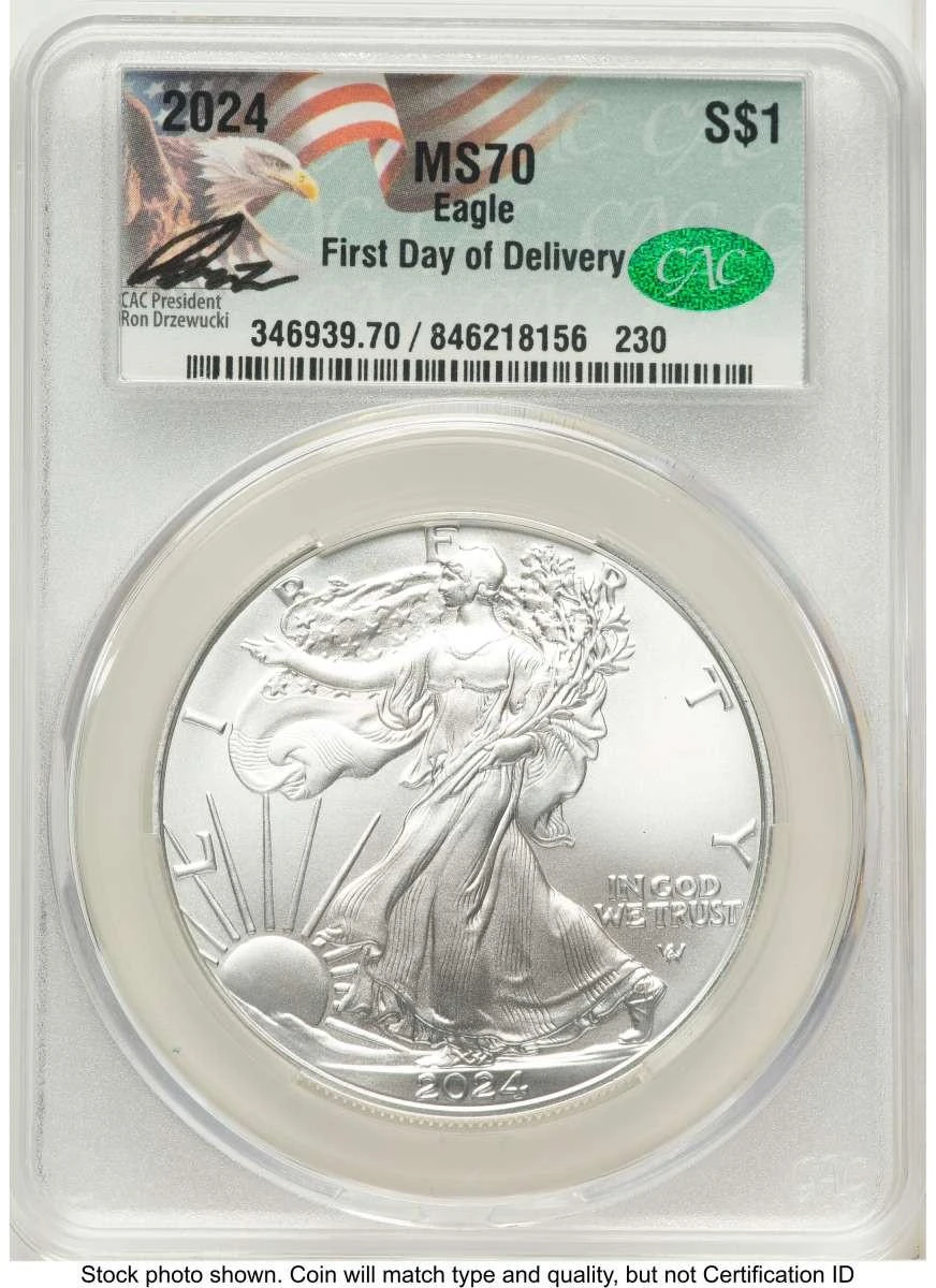 Bullionshark 2024 $1 American Silver Eagle Coin CACG MS70 - First Day of Issue - HAT770082072 