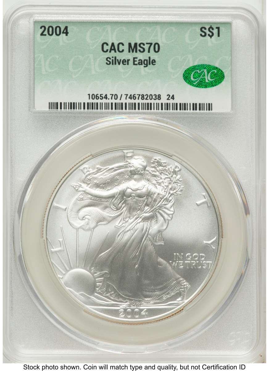 2004 S$1 American Silver Eagle Coin CACG MS70 coin front image