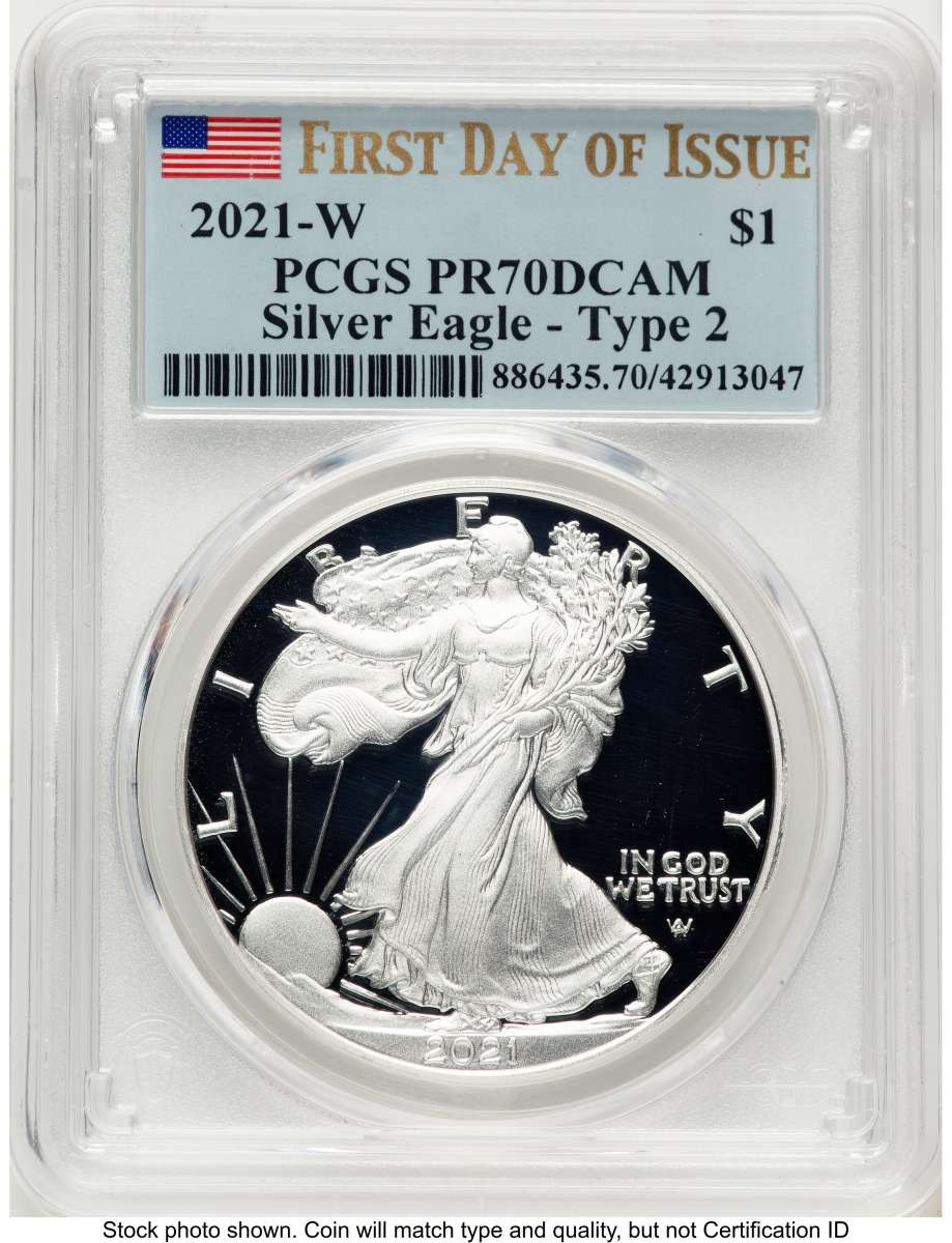2021-W S$1 Proof American Silver Eagle Coin PCGS PR70 DCAM - Type Two - First Day of Issue coin front image