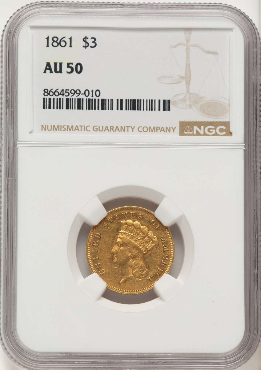 1861 $3 Three Dollar Gold  Coin NGC AU50 coin front image