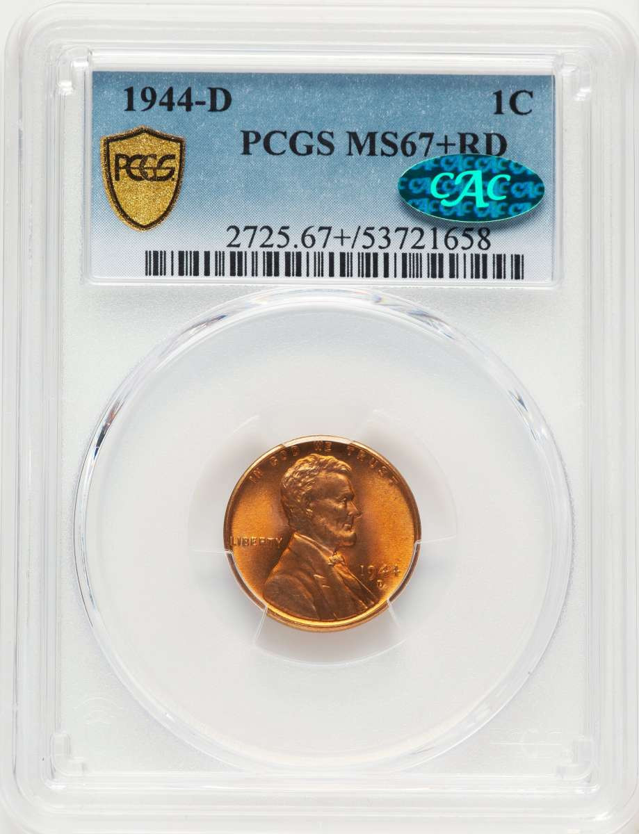 1944-D 1C Lincoln Cent Coin PCGS MS67  CAC +    RD coin front image