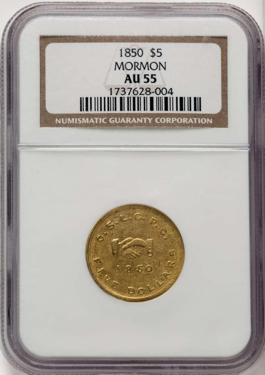 Bullionshark 1850 $5 Territorial Gold Coin NGC AU55   Mormon Five Dollar - HAT910581001 