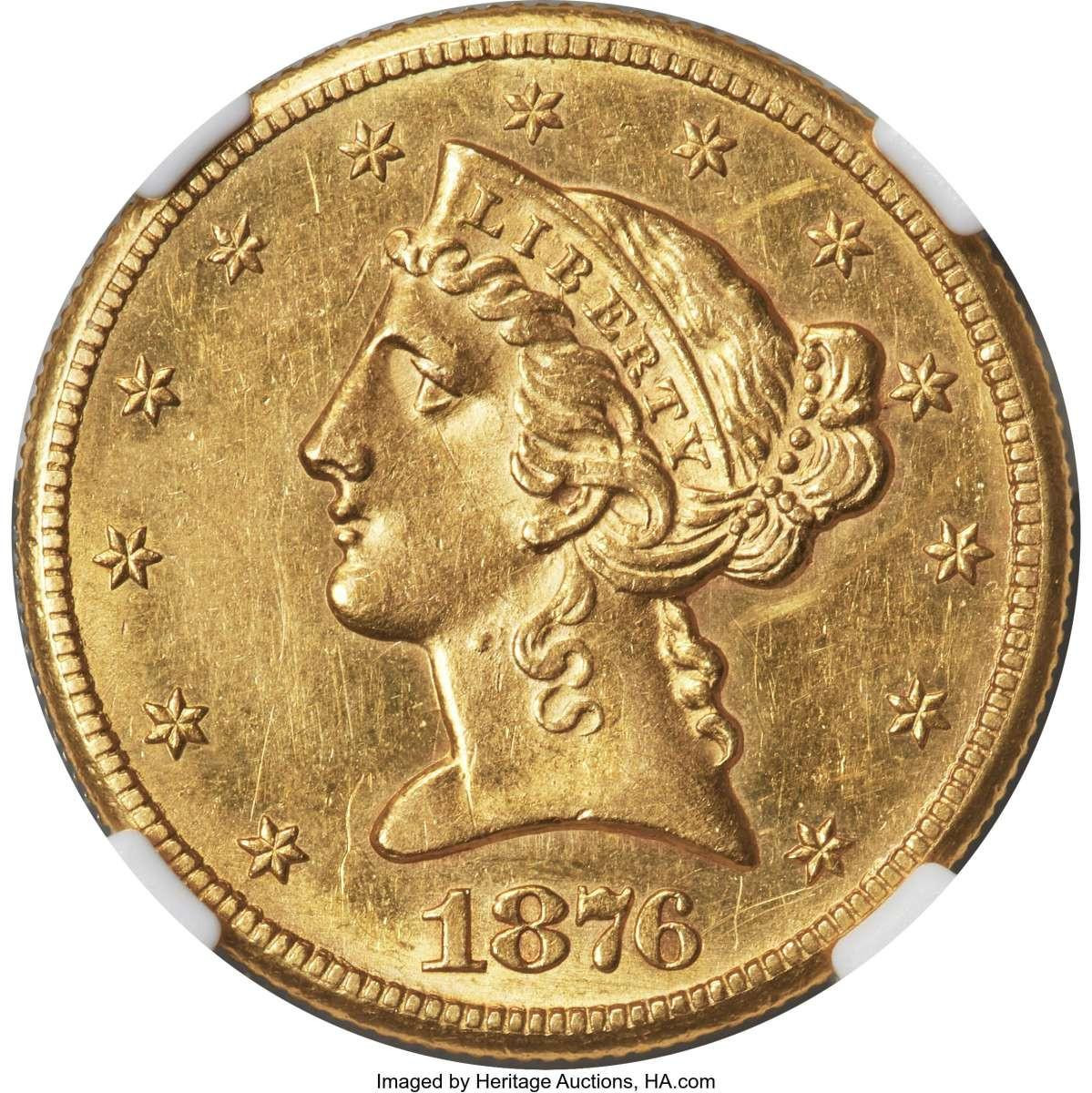 Bullionshark 1876-CC $5 Liberty Gold Half Eagle Coin NGC AU58 - HAT777873007 