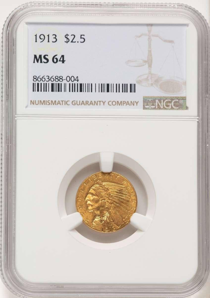 Bullionshark 1913 $2.5 Indian Gold Quarter Eagle Coin NGC MS64 - HAT780753019 