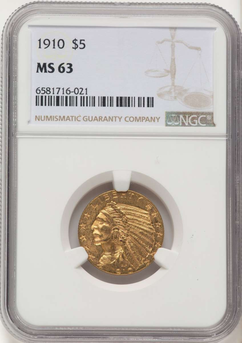 1910 $5 Indian Gold Half Eagle Coin NGC MS63 coin front image