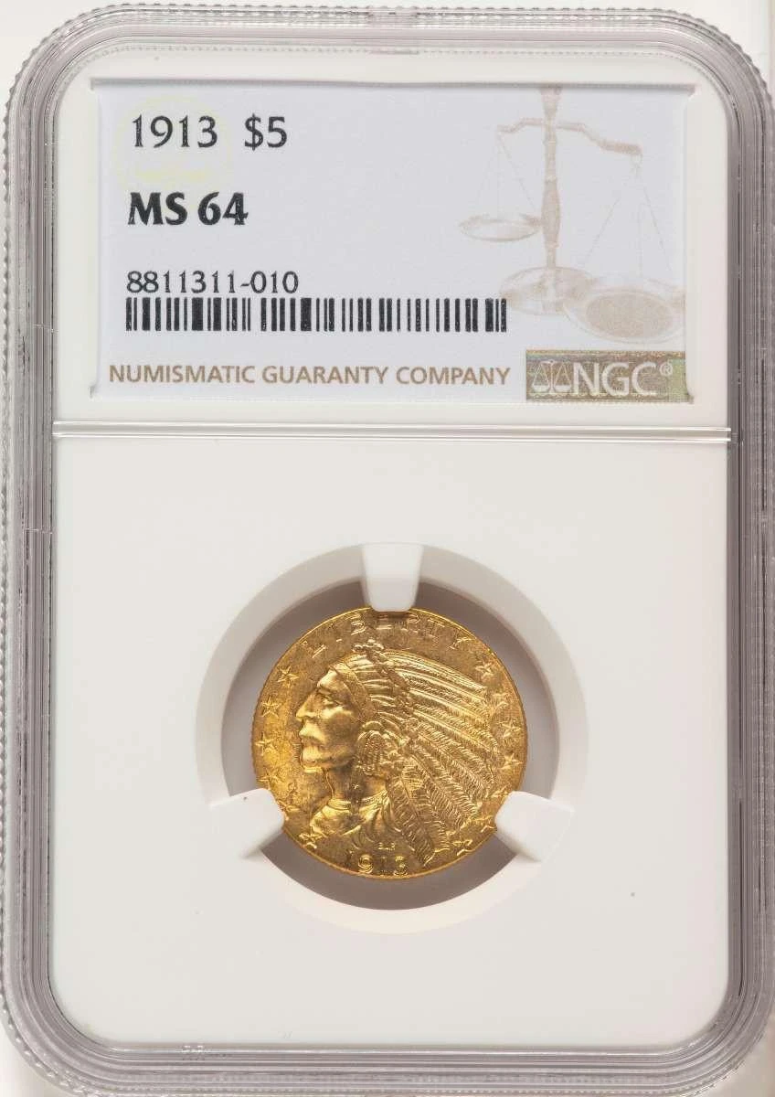 Bullionshark 1913 $5 Indian Gold Half Eagle Coin NGC MS64 - HAT788875003 