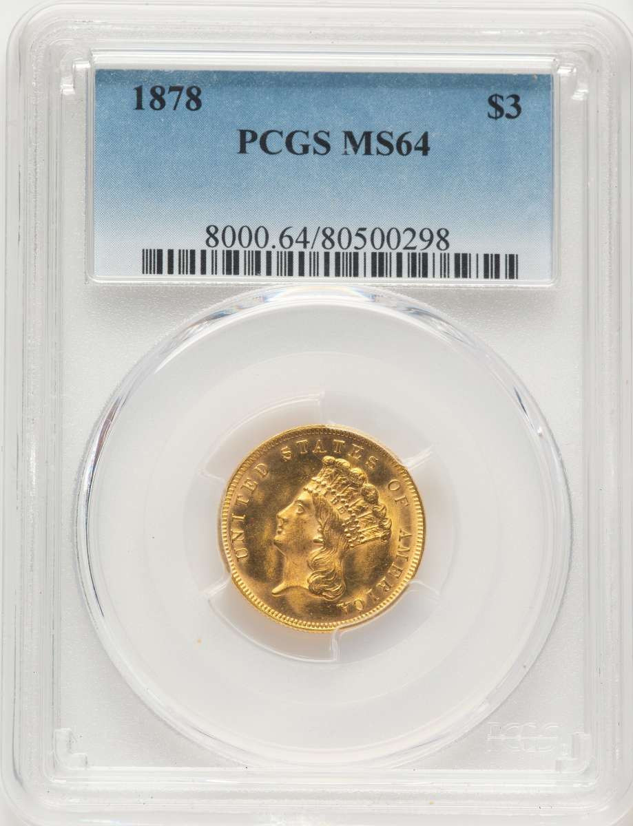 1878 $3 Three Dollar Gold  Coin PCGS MS64 coin front image