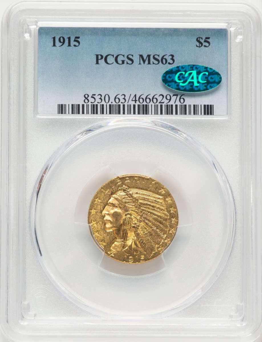 Bullionshark 1915 $5 Indian Gold Half Eagle Coin PCGS MS63  CAC - HAT788420006 