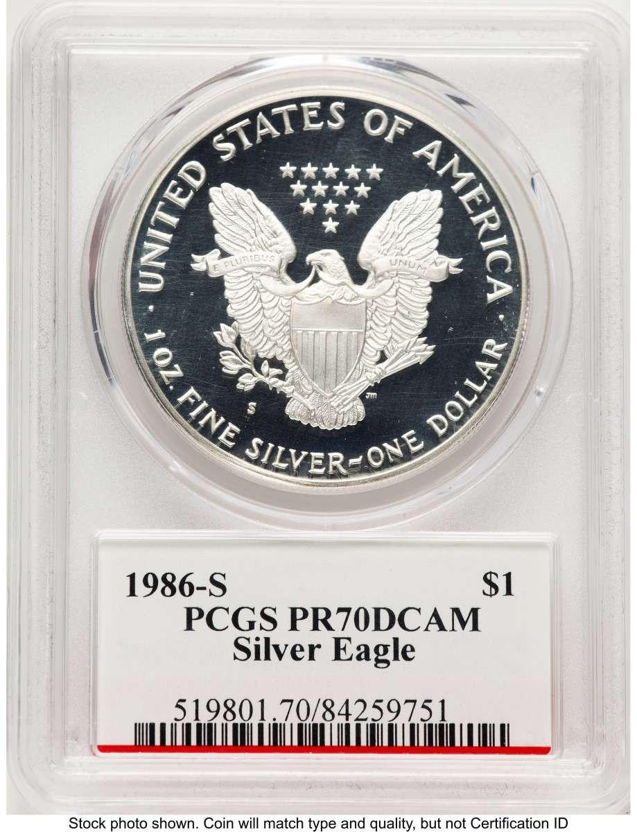 1986-S S$1 Proof American Silver Eagle Coin PCGS PR70 DCAM