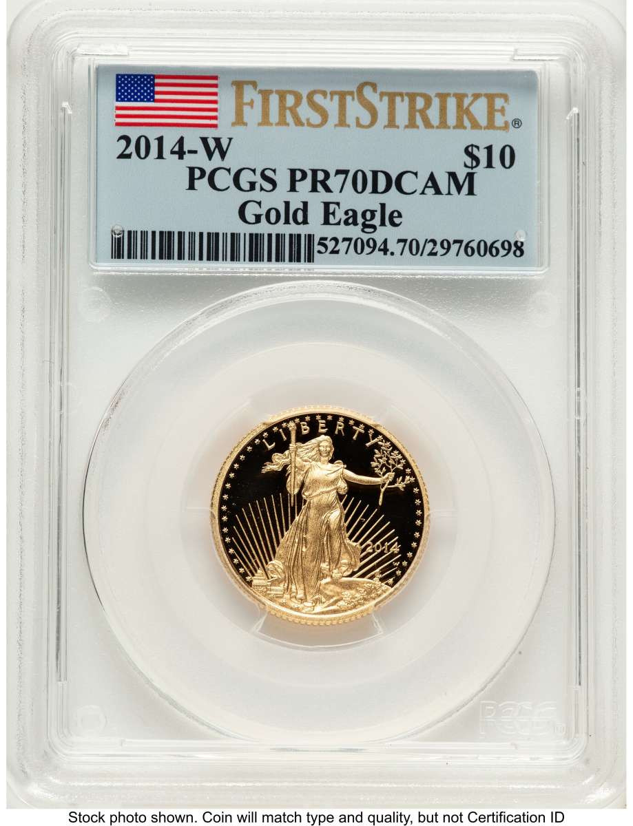 2014-W $10 Proof 1/4 oz American Gold Eagle Coin PCGS PR70 DCAM - First Strike coin front image