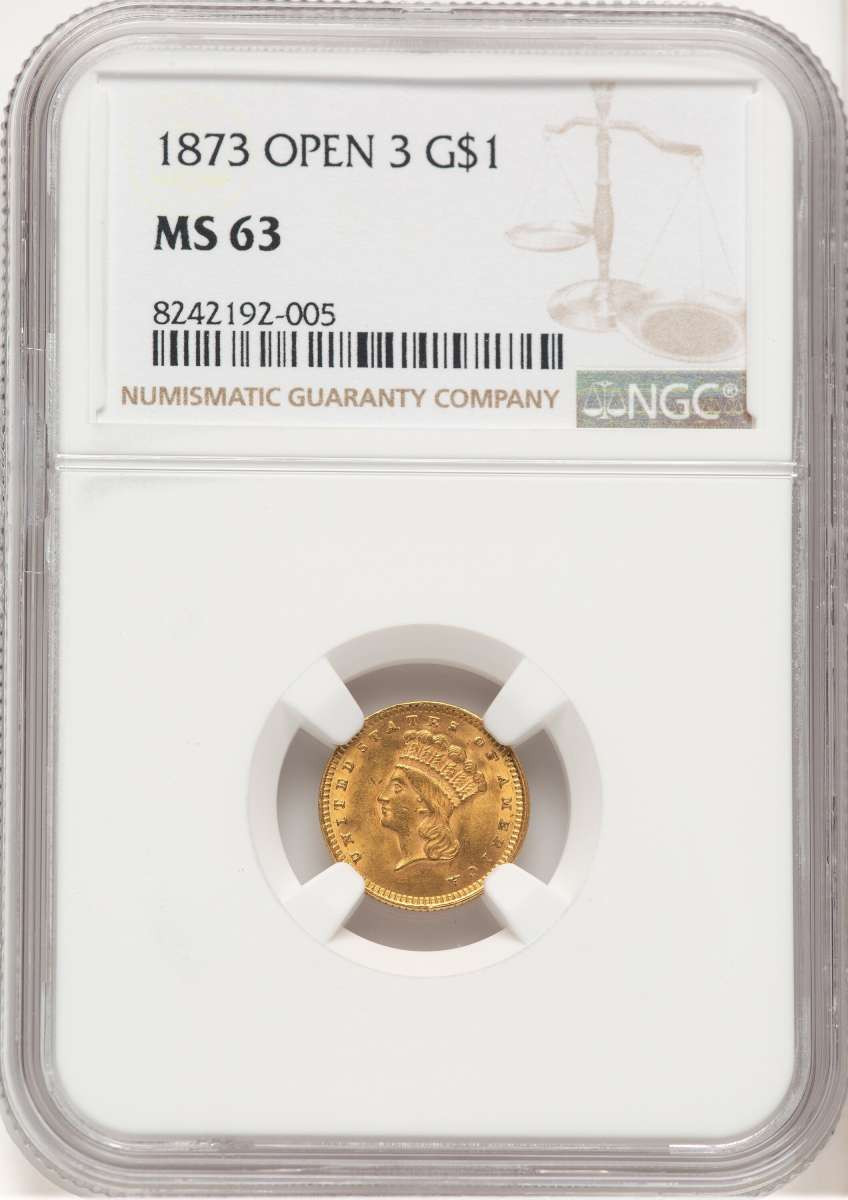 1873 G$1 Gold Dollar Coin NGC MS63   Open 3 coin front image