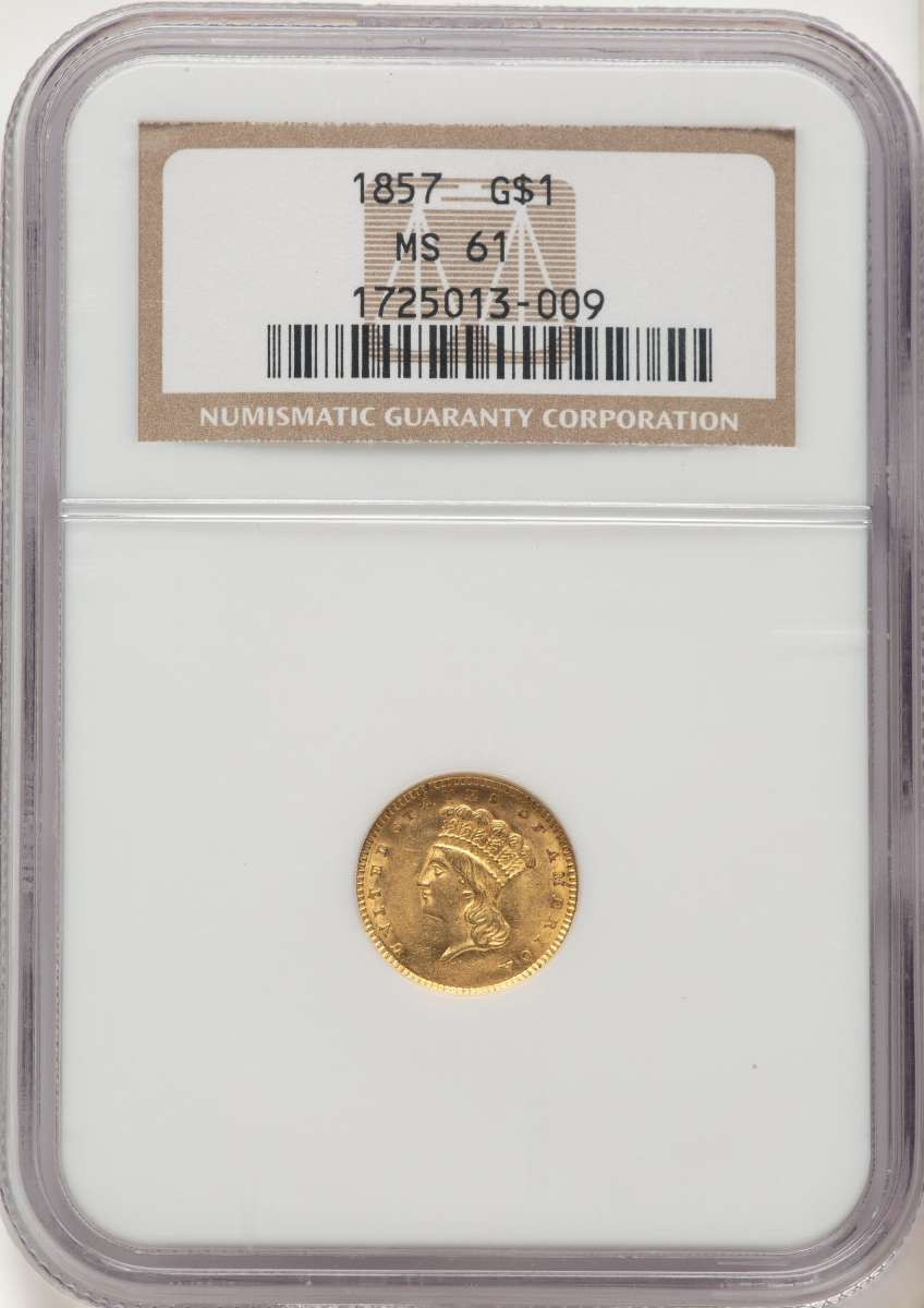 1857 G$1 Gold Dollar Coin NGC MS61 coin front image
