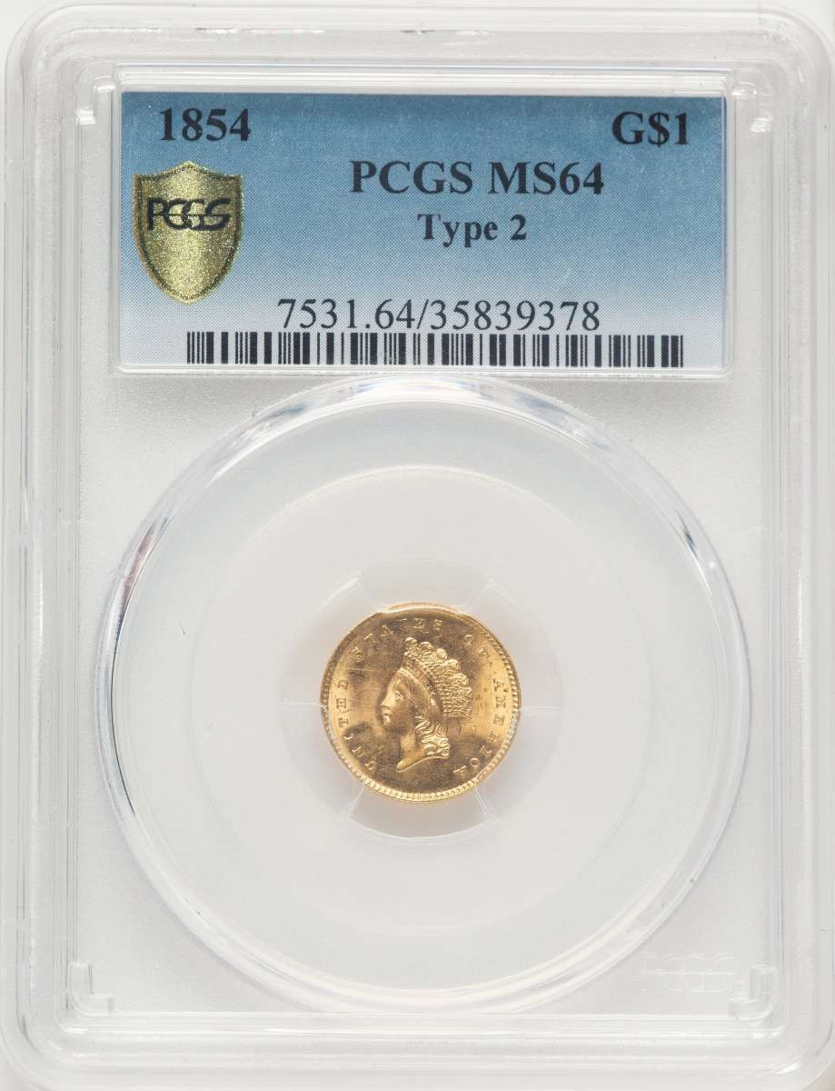 1854 G$1 Gold Dollar Coin PCGS MS64   Type Two coin front image