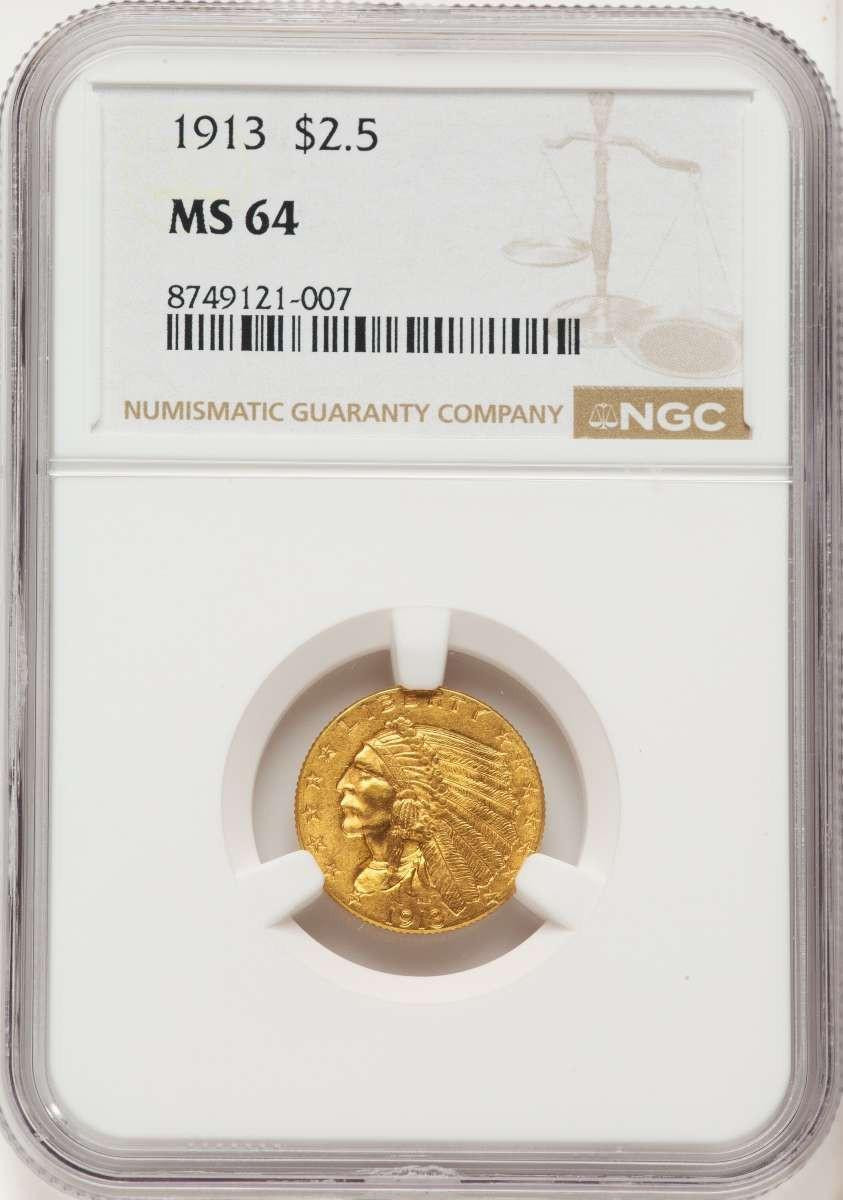 Bullionshark 1913 $2.5 Indian Gold Quarter Eagle Coin NGC MS64 - HAT789506003 