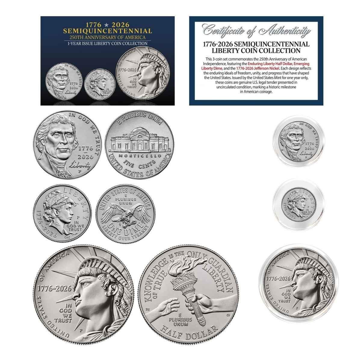  1776-2026 P Semiquincentennial Liberty 3-Coin Collection America 250 & COA 