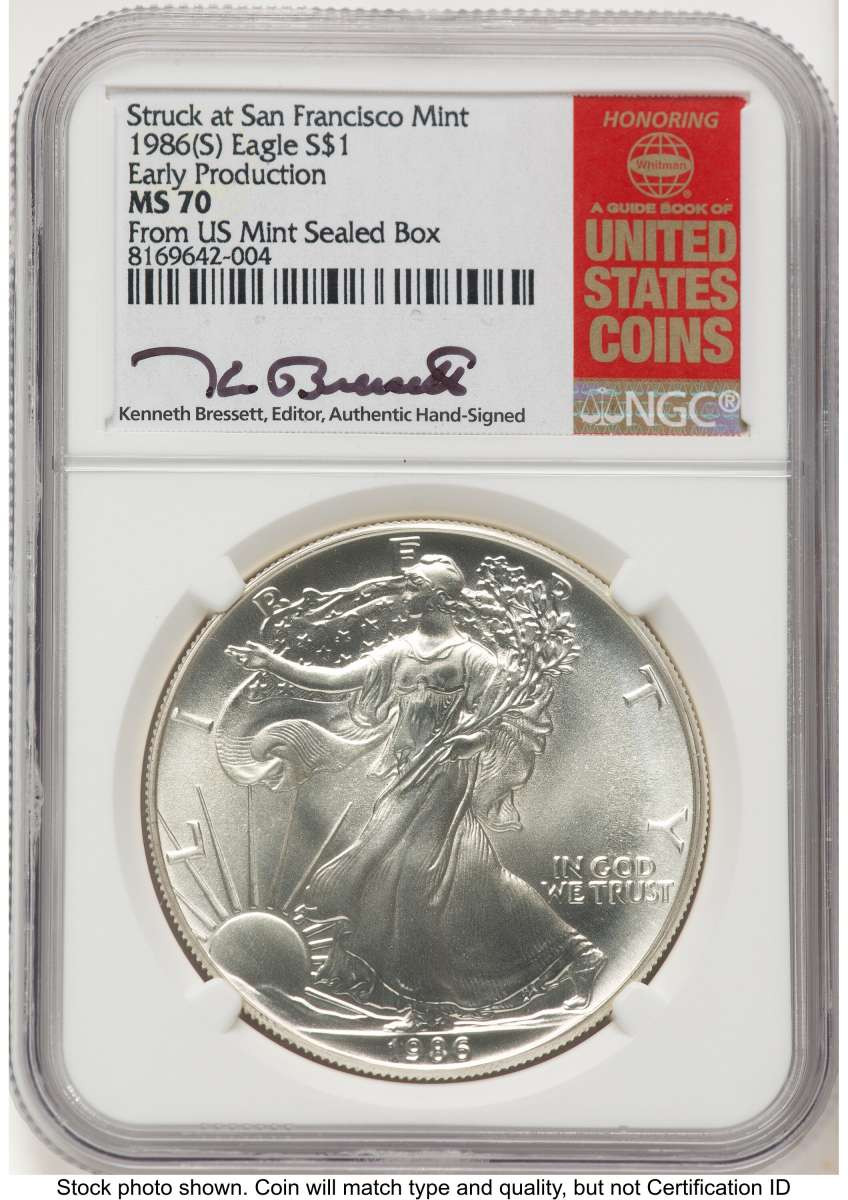 1986-(S) S$1 American Silver Eagle Coin NGC MS70 - Struck at San Francisco coin front image