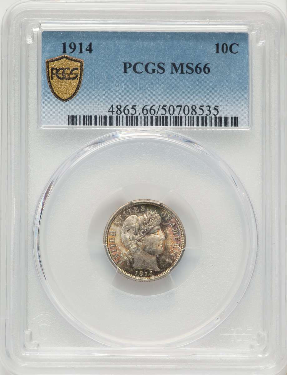 1914 10C Barber Dime Coin PCGS MS66 coin front image