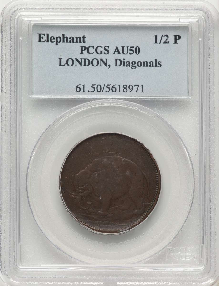(1694) 1/2 P Colonial Coin PCGS AU50   London Elephant Token - Diagonals - BN coin front image