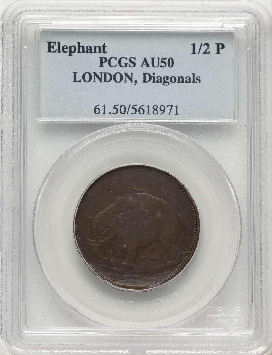 Bullionshark (1694) 1/2 P Colonial Coin PCGS AU50   London Elephant Token - Diagonals - BN - HAT788141011 