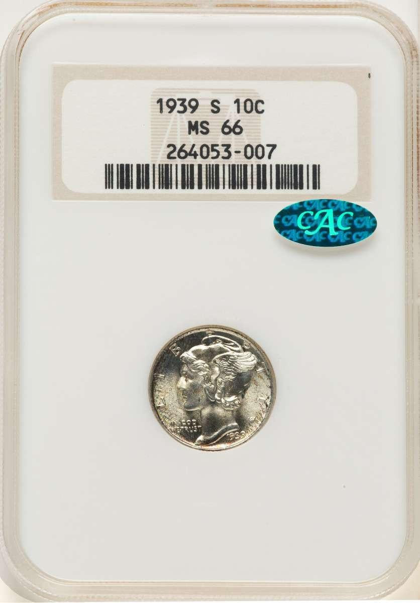 Bullionshark 1939-S 10C Mercury Dime Coin NGC MS66  CAC - HAT786907022 
