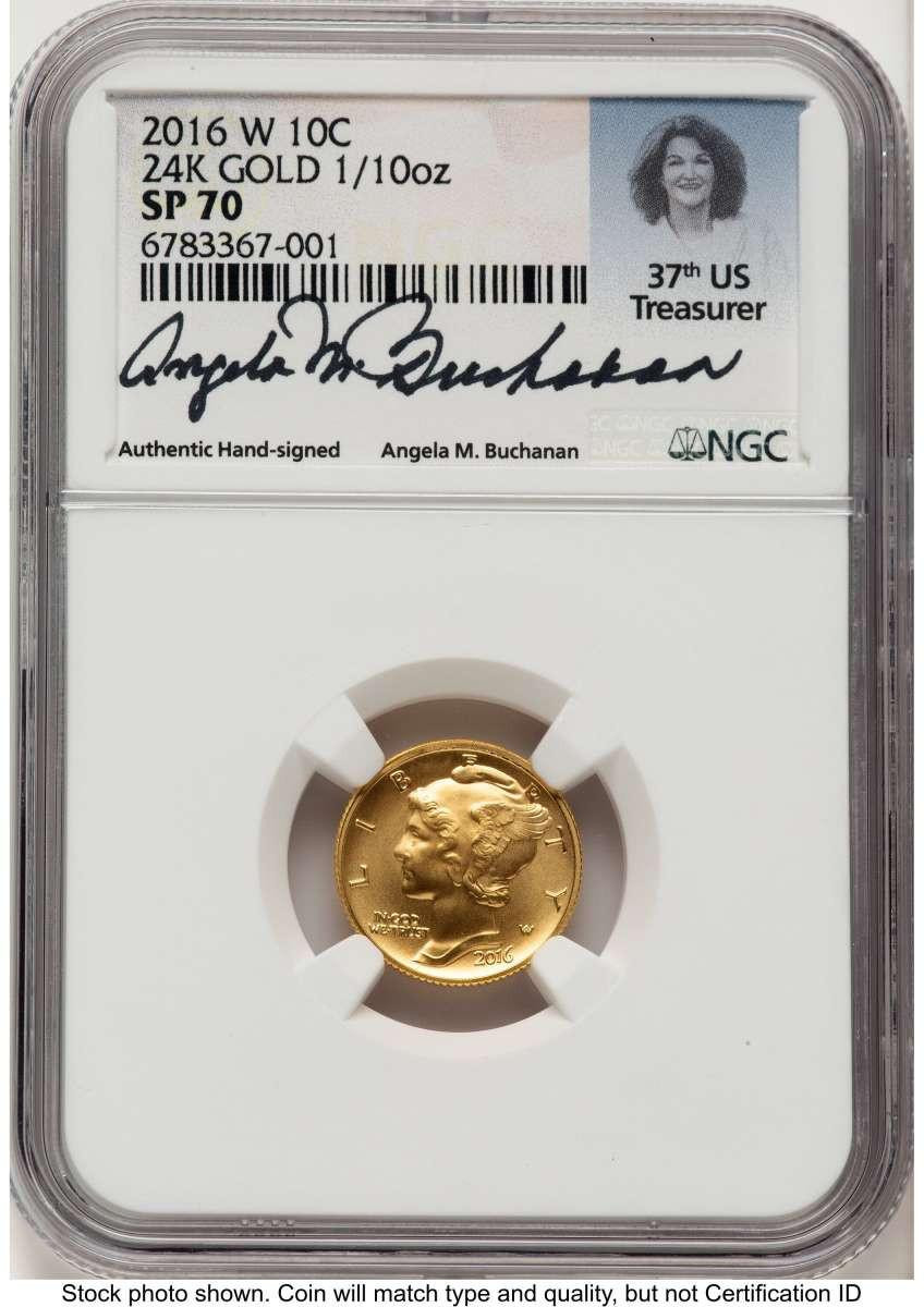 Bullionshark 2016-W 10C Modern Bullion Coin NGC MS70   Mercury Dime - Tenth-Ounce Gold - 100th Anniversary - HAT789075002 