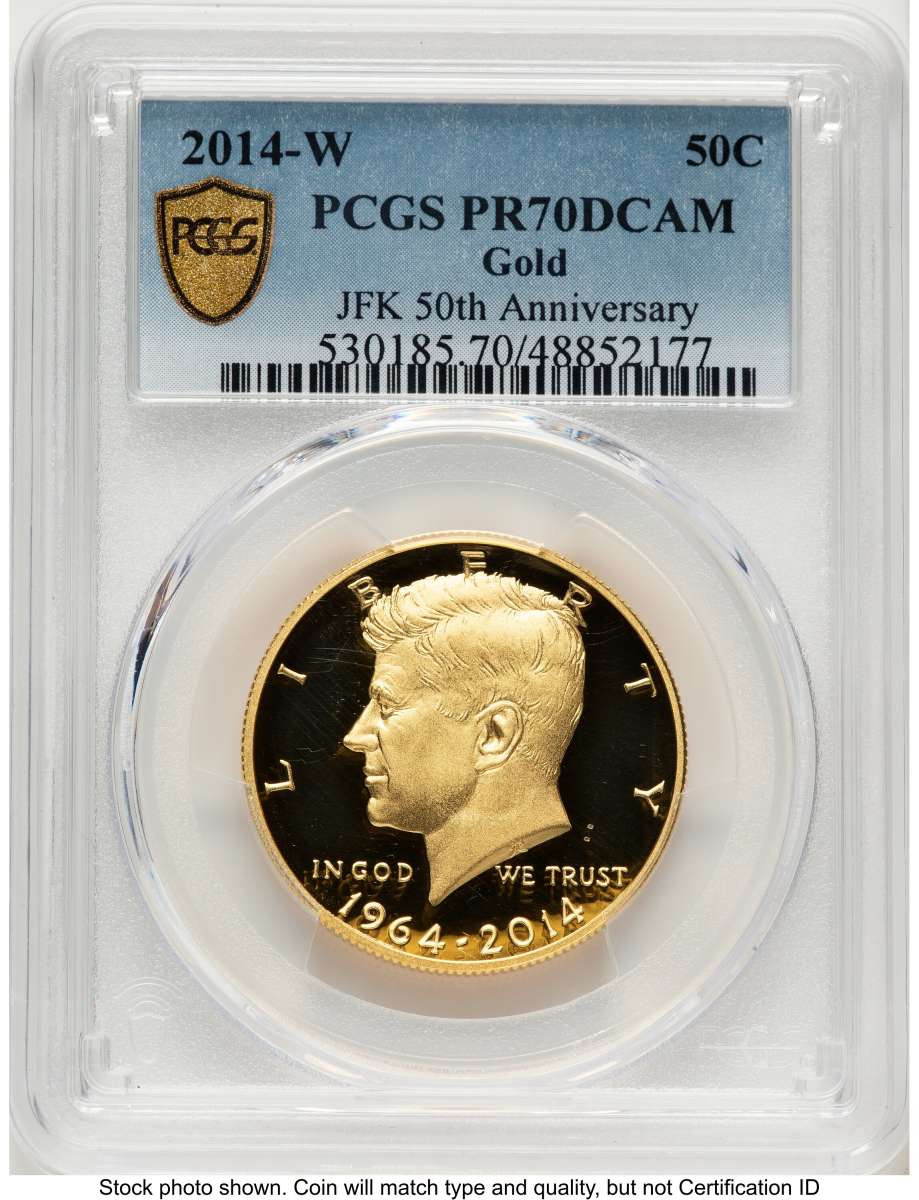 2014-W 50C Proof Kennedy Half Dollar Coin PCGS PR70   Gold - 50th Anniversary coin front image