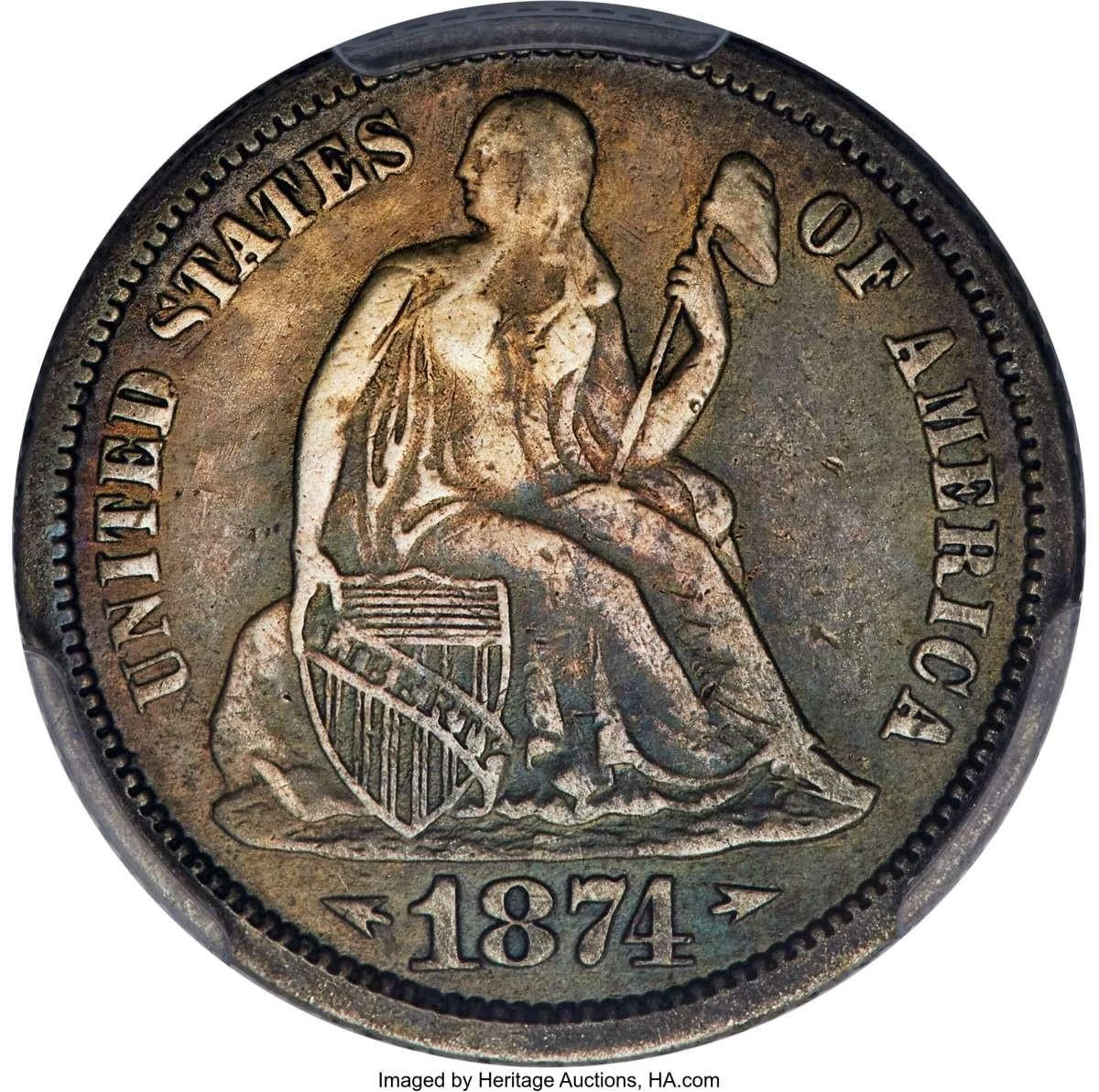 Bullionshark 1874-CC 10C Seated Dime Coin PCGS VF   Genuine Arrows - F-101 - R.4 - HAT789813001 