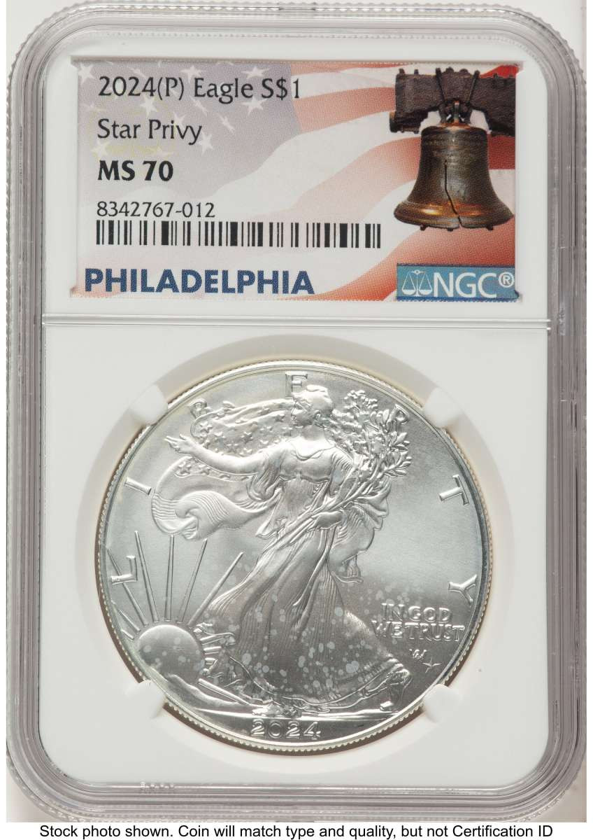2024(-P) $1 American Silver Eagle Coin NGC MS70   with Star Privy - Struck at Philadelphia coin front image