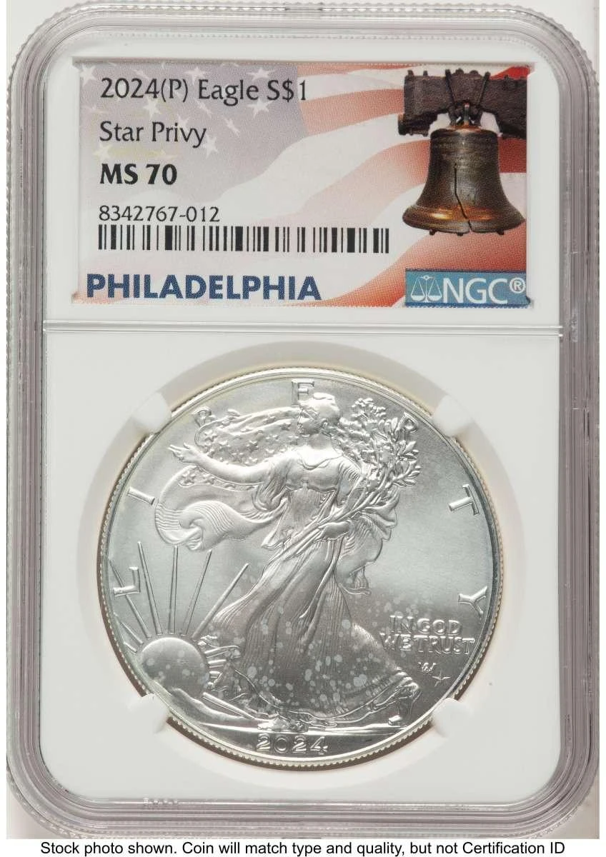 Bullionshark 2024(-P) $1 American Silver Eagle Coin NGC MS70   with Star Privy - Struck at Philadelphia - HAT788414082 