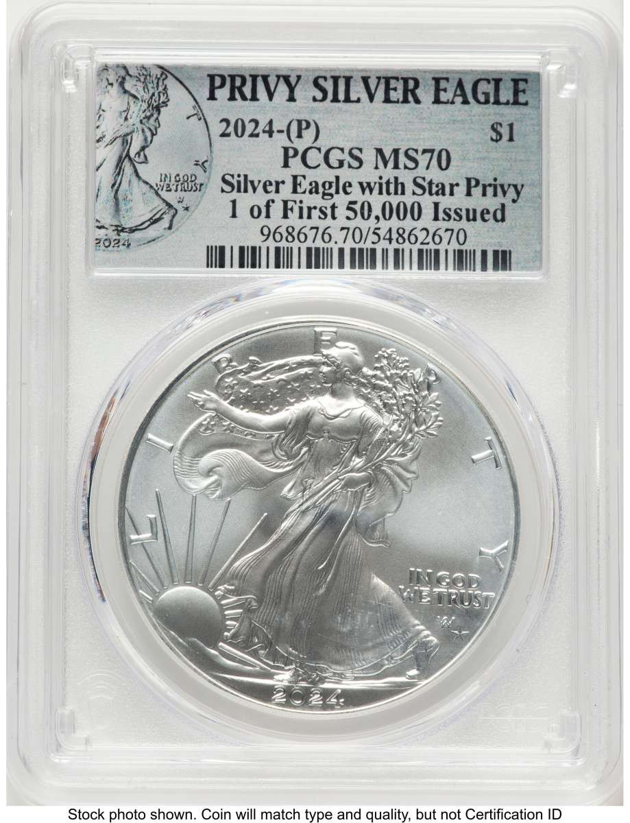 2024(-P) $1 American Silver Eagle Coin PCGS MS70   with Star Privy - Struck at Philadelphia - 1 of First 50 - 000 Issued coin front image
