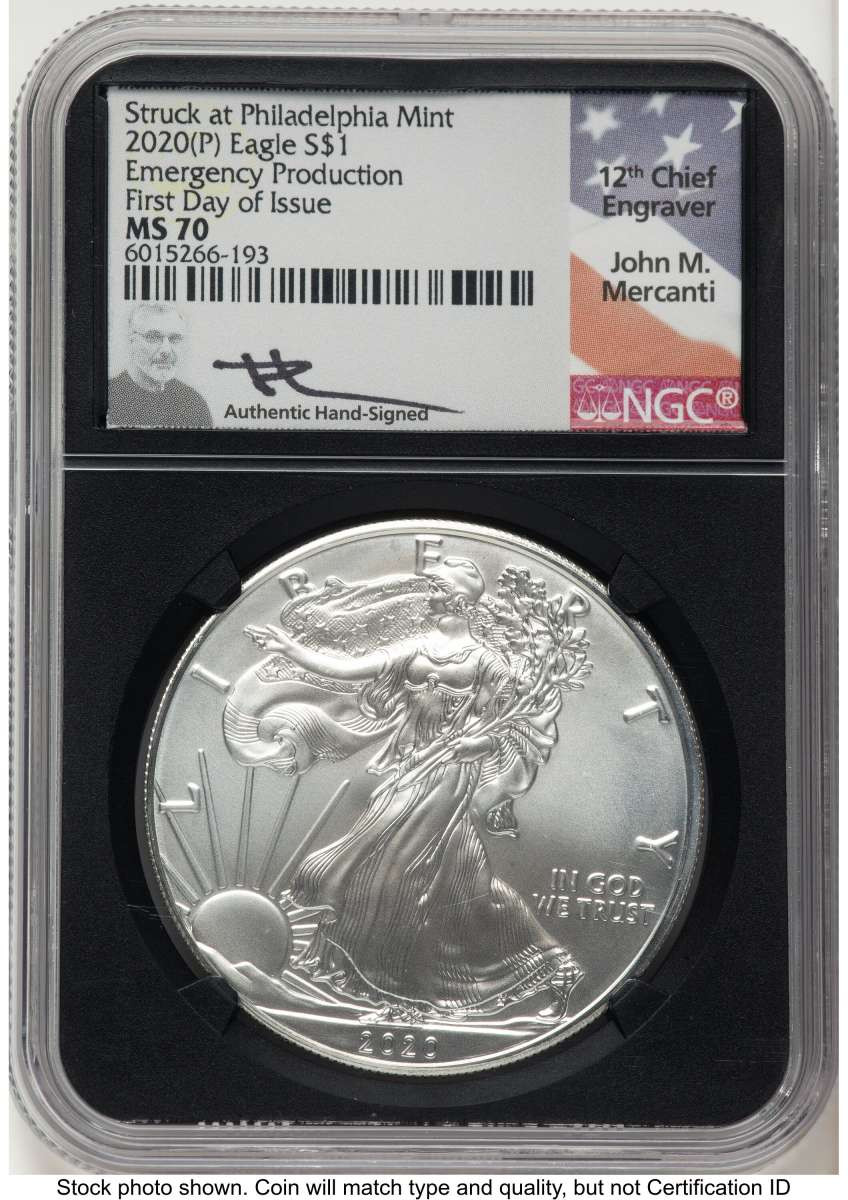 2020-(P) S$1 American Silver Eagle Coin NGC MS70 - Emergency Issue Struck at Philadelphia - First Day of Issue coin front image