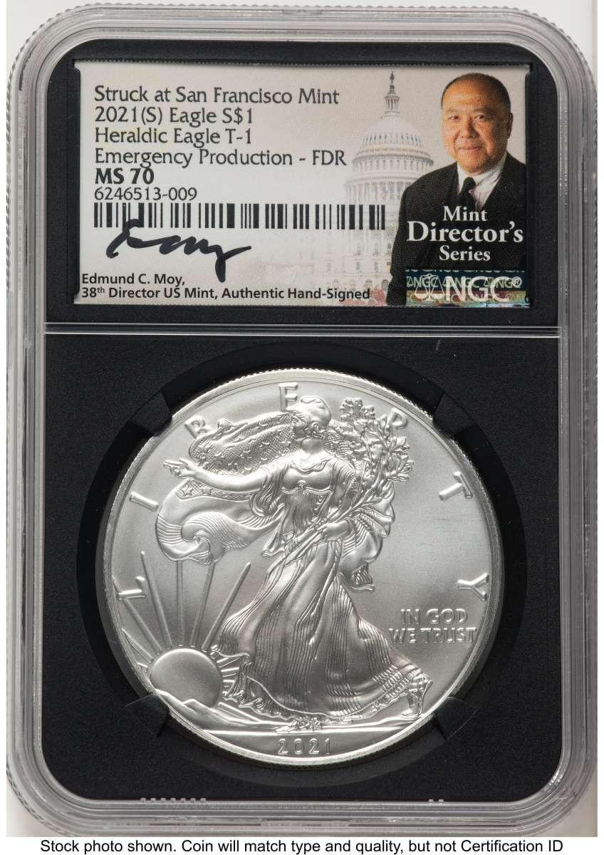 Bullionshark 2021-(S) S$1 American Silver Eagle Coin NGC MS70 - Type One - Emergency Issue Struck at San Francisco - First Day of Issue - HAT789018067 