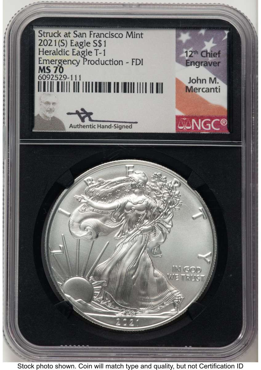 2021-(S) S$1 American Silver Eagle Coin NGC MS70 - Type One - Emergency Issue Struck at San Francisco - First Day of Issue coin front image