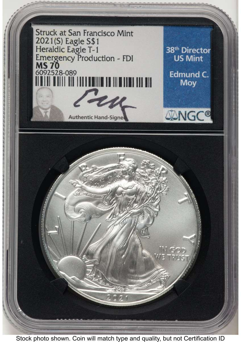 2021-(S) S$1 American Silver Eagle Coin NGC MS70 - Type One - Emergency Issue Struck at San Francisco - First Day of Issue coin front image