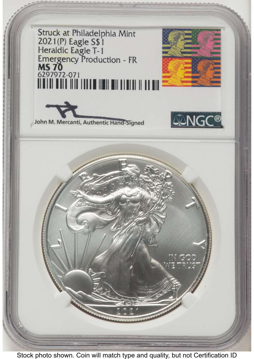 2021-(P) S$1 American Silver Eagle Coin NGC MS70 - Type One - Emergency Issue Struck at Philadelphia - First Strike coin front image